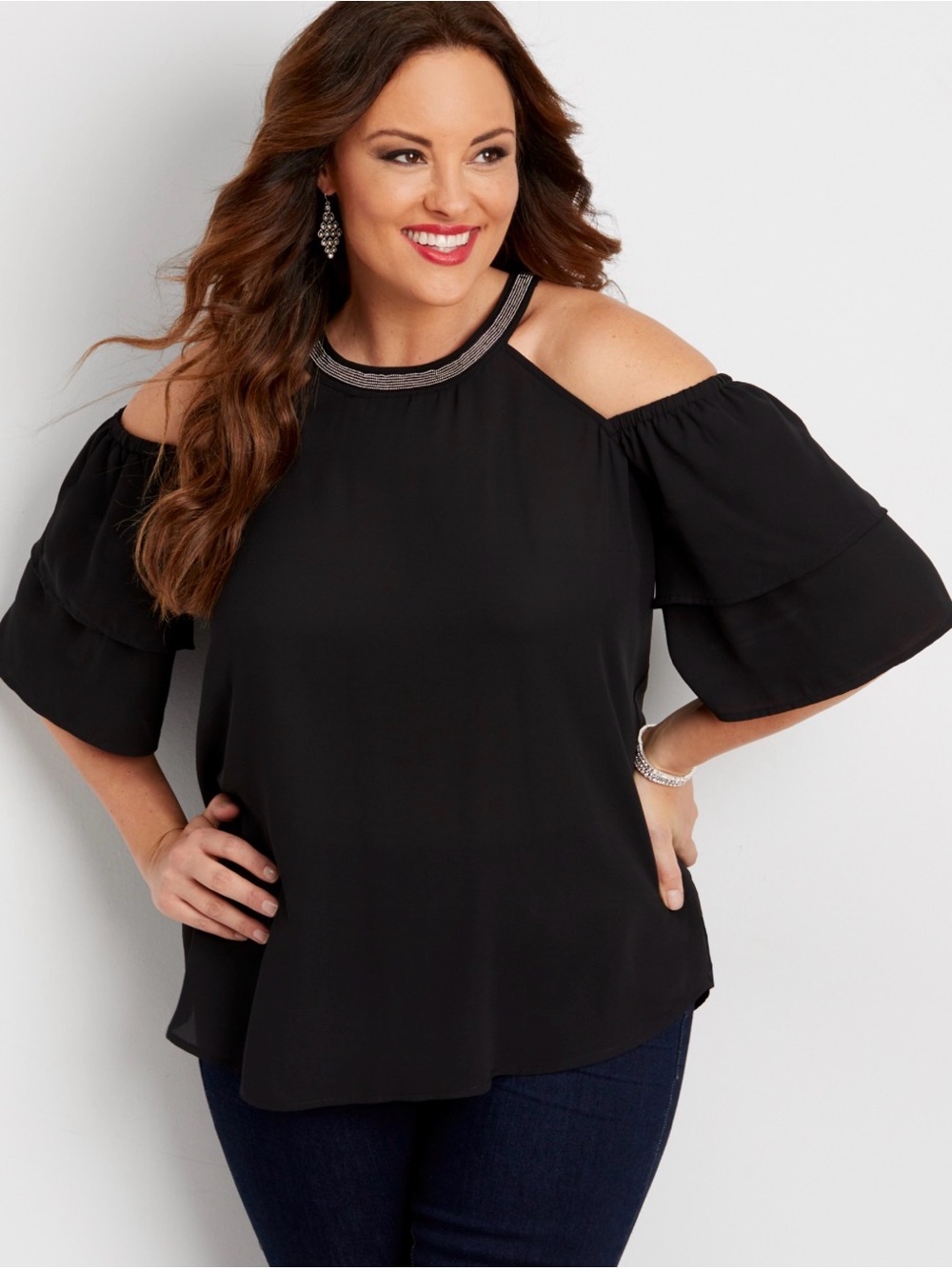 Maurice’s Cold-Shoulder Black Blouse with Embellished Neckline size 2